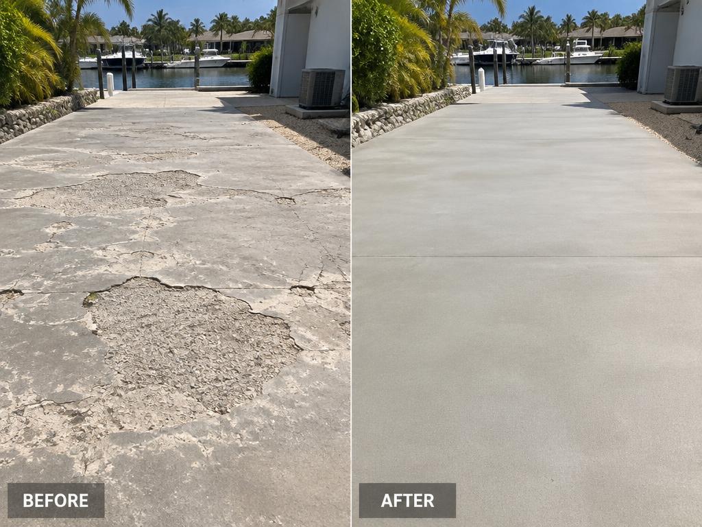 Before and after of a spalled concrete walkway restored to a smooth finish
